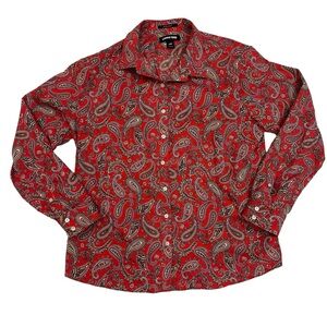 Lands' End Shirt Women 14 P Red Paisley Button Down Long Sleeve Supima No Iron